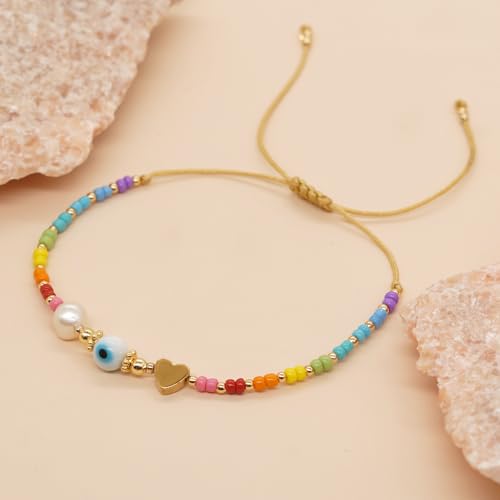 Evil Eye Beaded Bracelet for Women - Handmade Boho Stackable Colorful Gold Seed Beads Stack Pearl Heart Charms Adjustable Protection Bracelet Evil Eye Jewelry Summer Beach Friendship Gift3