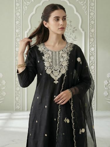 Image of INDO ERA Women's Cotton Blend Solid Straight Kurta with Pant & Dupatta Set