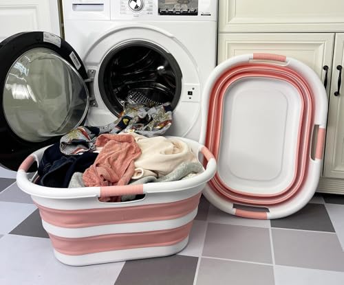 Image of SAMMART 40L (10.5 gallon) Set of 2 Collapsible Plastic Laundry Hamper - Foldable Pop Up Storage Container /Organizer - Portable Washing Tub - Space Saving Basket (2, White /Quartz Pink)