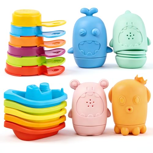 Image of Baby Bath Toys for Toddlers, 15 PCS Mold Free Bathtub Water Play Toys with Rainbow Color Floating Boats Spoons and Silicone Sensory Bath Toys, Water Table & Pool Toys for Babies and Toddlers