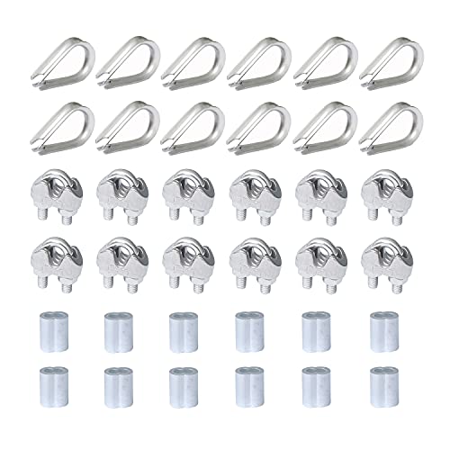 12 Stück Drahtseilklemmen, M3 Edelstahl-Drahtseilklemmen, Schrauben mit 12 Stück 3 mm Drahtseil-Fingerhüte, 12 Stück Aluminium-Crimpschlaufen-Clips für Ø 3 mm Drahtseil-Kabel Cover