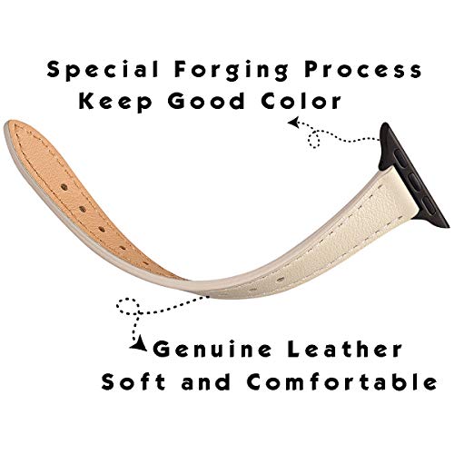 Image of STIROLL Slim Leather Bands Compatible with Apple Watch Band 38mm 40mm 41mm 42mm(Series 11 10), Top Grain Leather Watch Thin Wristband for iWatch SE 9 8 7 6 5 4 3 2 1 (Beige Black)