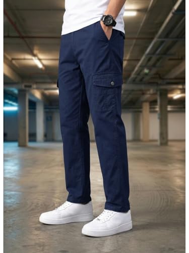 Image of Men's Cargo Trousers-100% Premium Cotton Regular Fit Lightweight Breathable Elastic Waist Multi-Pocket Casual Utility Pants