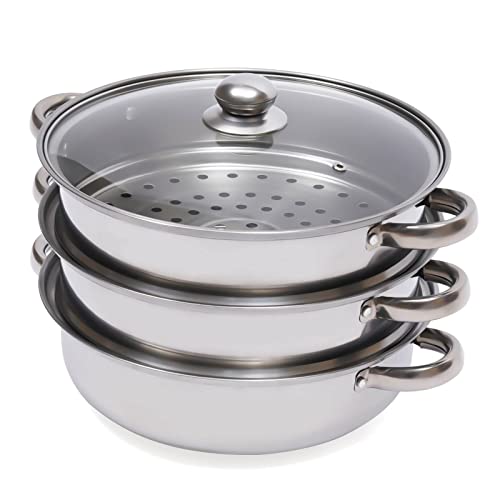 Dampfgarer aus Edelstahl | 28cm Drei Lagen Edelstahl Dampfgarer | Steam Cooker | Kombinierbar | Gesunde Ernährung | Spülmaschinenfest...