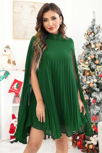 Image of Women's Casual Cape Sleeve Pleated Split Short Dress Loose Fit Cocktail Party Flowy Dress