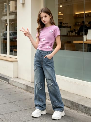 Image of Size 7-14 Years Girls 2 Piece Outfits Bow Short-Sleeved Top and Jeans Pants Clothing Set