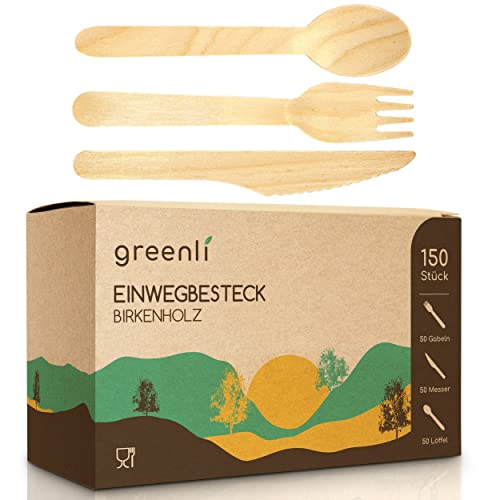 greenli® Einwegbesteck Set - 150 Holzgabeln, Holzmesser und Holzlöffel - Nachhaltiges Holzbesteck Einweg - Image 3