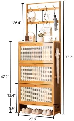 Shoe Cabinet with 3 Rattan Flip Drawers, Bamboo Shoe Storage Cabinet with Coat Hooks, Freestanding Shoe Cabinet Storage for Entryway, Hallway, Closet, Living Room