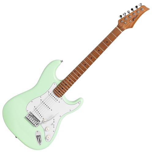 Tiger ELG-MG Guitarra Eléctrica Full Size - Mástil de Arce Tostado, Pastillas SSS Versátiles - Verde Menta - Adecuada para Todos los Estilos Musicales
