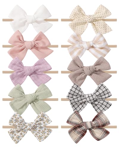doboi 10PCS Baby Girls Headbands Hair Bows Nylon Cotton Linen Hairbands Fine Handmade Hair Accessories for Newborn Infant Toddlers Little Girls-Solid...