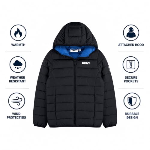 Image of DKNY Boys Winter Jacket, Midweight Puffer Coat, Weather Resistant, Hooded