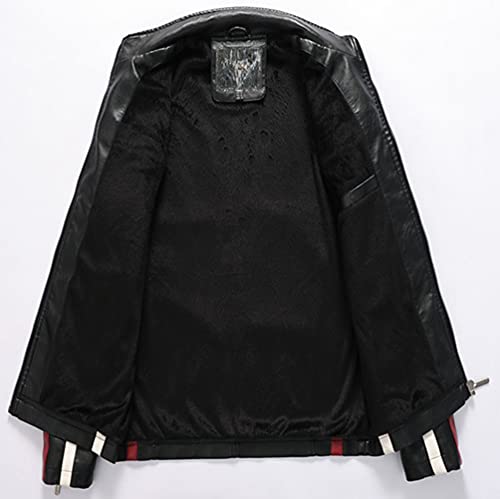 Men's Stand Collar Thermal Fleece Lined Patchwork Motorcycle Jacket Bomber Jacket Racer Faux Leather Jacket4