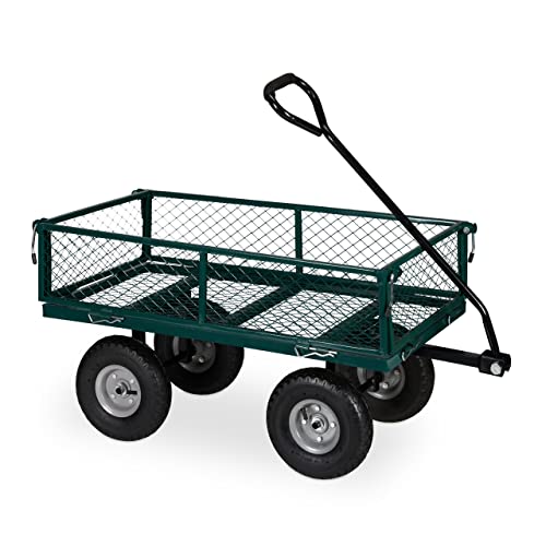 Relaxdays Grüner Handwagen Carretilla Mano, Práctica Carreta de Jardín, Ruedas Neumáticas, Laterales Plegables, hasta 200 kg, Verde, Caucho, 50 x 50 x 110 cm