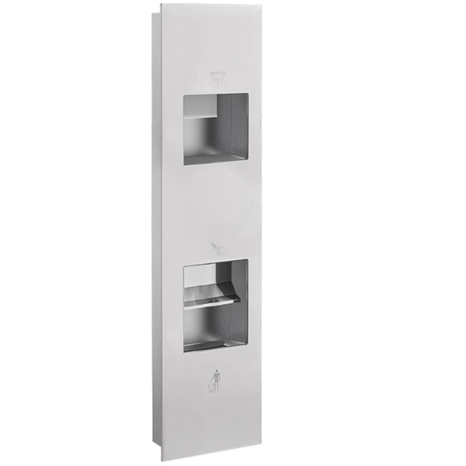 Dispensador comercial de toallas de papel con cubo de basura, acero inoxidable 304, soporte para toallas de papel de baño para baños de alto tráfico, diseño que ahorra espacio