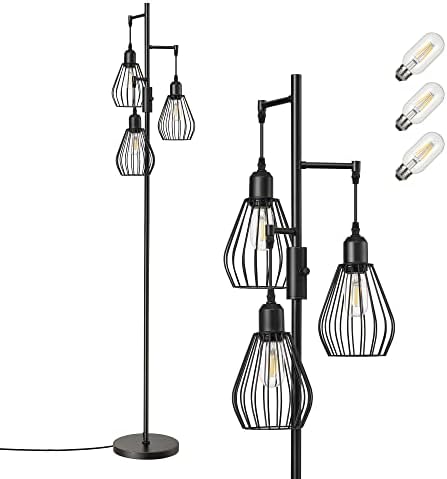 Industrial Floor Lamp for Living Room, 190cm Dimmable Standing Lamp, 3 LED Bulbs Included, E27 Sockets Standing Tree Lamp with Wire Cage Lampshade for