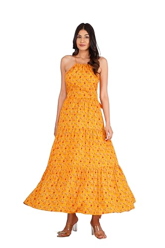 Robe maxi jaune à imprimé fleuri rouge pour femme idéale en été