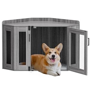 Giluta Corner Dog Crate for Small Medium Dogs, Indoor Aesthetic Puppy Kennel TV Stand, Modern Decorative Wood Pet House Dog Cage Gray