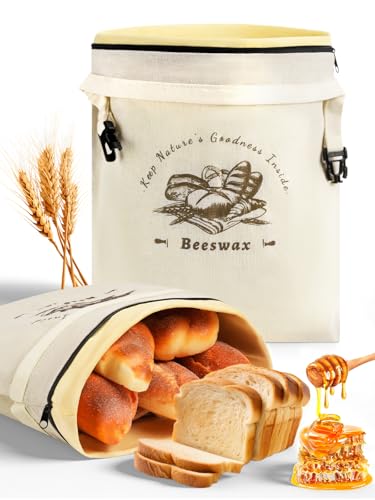 Weenkler Bienenwachs Brotbeutel 2er Set Wiederverwendbare Leinen Brotaufbewahrung mit Reißverschluss und Tragegurten für Selbstgebackenes Sauerteigbrot 30X40cm