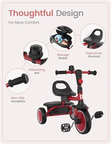 Image of besrey Toddler Tricycle with Bell, Kids Tricycle Age 18 Months to 5 Years, Kids Trike, Toddler Bike for 1.5-5 Year Olds, Baby Trike, Gifts & Toys for Boys & Girls, Red