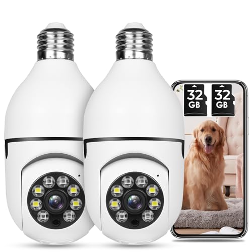 oneware Light Bulb Security Camera HD Pan Tilt Wireless 360 Degree Floodlight Night Vision 5Ghz with Floodlight Human Motion Detection and Alarm 2pack with 32GB Card