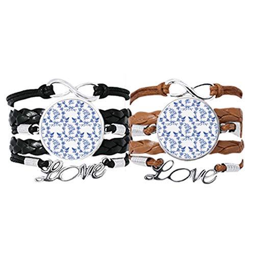 Bracelet amour couple cuir bleu et blanc symbole feuilles cordon ajustable