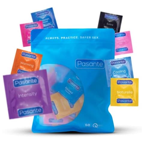 Pasante Condoms Variety Pack | Mix Pack of 50 | The Mix Pack Contains: Flavoured, Ribbed, Thin, Extra and more Condoms. | Packaging & Contents may vary Cover