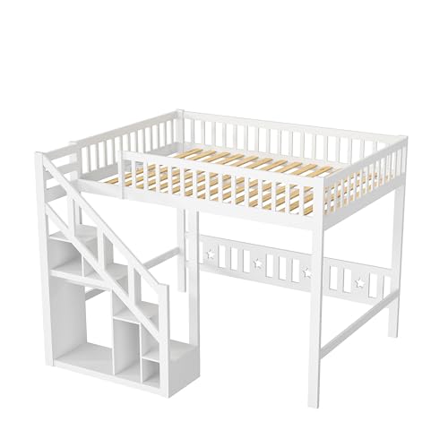 Litera de 140 x 200 cm con escalera, litera con compartimento de almacenamiento para cama infantil, cama entrepiso con protección anticaída y vallas (blanco, 140 x 200) - imagen 8