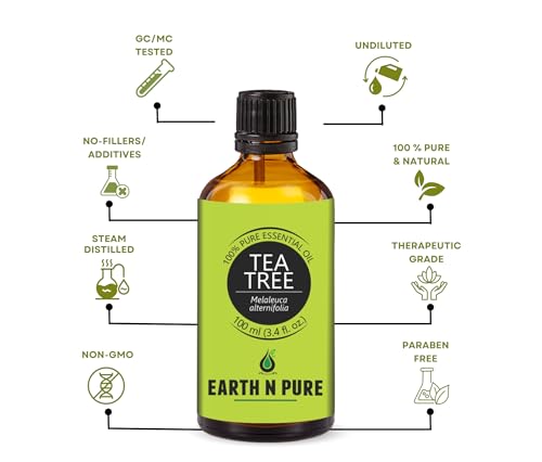 Image of Earth N Pure Tea Tree Essential Oil | 100% Pure Natural Therapeutic Grade | Steam Distilled Melaleuca Alternifolia Oil | For Diffuser, Aromatherapy, Hair Care, Skin Care & DIY | 100ml