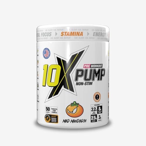 10X Athletic Non Stim Pump Pre Workout No Caffeine Beta Alanine Creatine Sugar Free Vegan Low Calorie Various Flavours 600g 50 Servings (Mandarin)