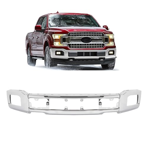 KUAFU Front Bumper Face Bar Compatible with 2018-2020 Ford F-150 w/Fog Light Hole Bumper Impact Bar Replacement for JL3Z17757A FO1002430 Chrome Silvery Steel
