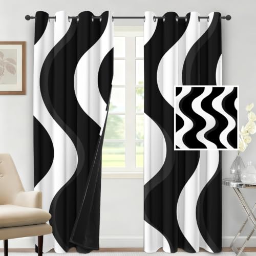 Rideaux géométriques isolant thermique et opaque à oeillets noir blanc