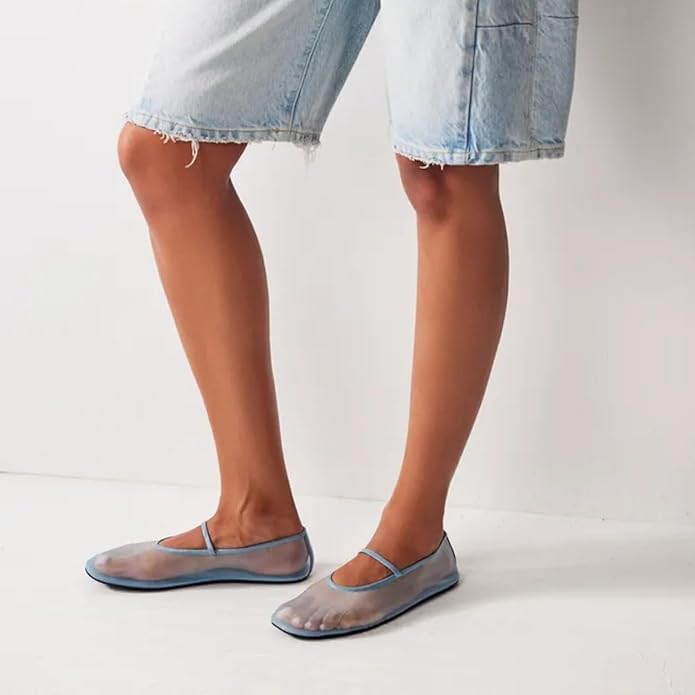 Image of Nude Mesh Ballet Flats for Women Tulle Floral Embroidered Mary Jane Ballerina Round Toe Comfortable Daily Dress Ballet Flats Shoes with Strap