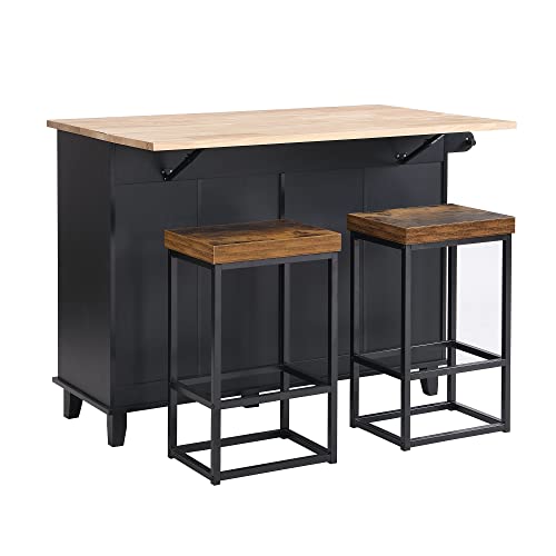 Image of Farmhouse Rustic Dining Table Set with Drop Leaf and 2 Stools,Kitchen Island Set with 4 Drawers,Towel Rack and Storage Cabinet,for Small Places Furniture (Black+Rustic Brown#F)