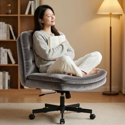 GTPLAYER Cross Legged Office Chair Armless Desk Chair Cute Vanity Chair with Wheels Computer Chair Comfy Wide Office Chair Adjustable Swivel for Home Computer Task Soft Velvet Grey