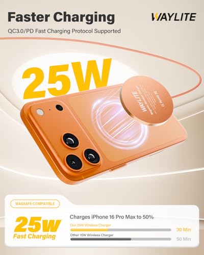 Image of 25W Wireless Charger for MagSafe, Magnetic Fast Charging Pad for iPhone 17 /16 /15 /14 /13 /12 Series & AirPods, Strong Magnet, Thin & Portable Wireless Charger for Travel Home Office (Orange, 2Pack)