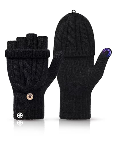 MA COWCF Winter Fingerless Gloves for Women Men Warm Knitted Convertible Mittens Flap Cover