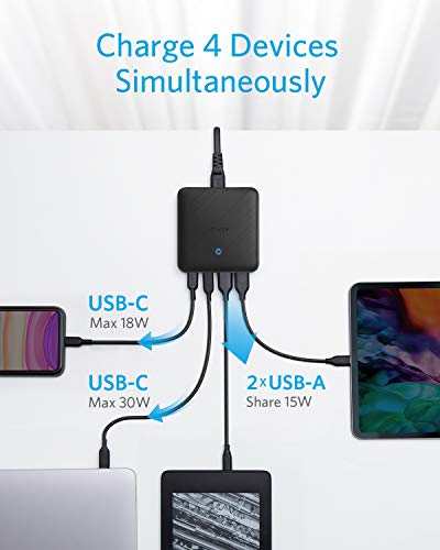 Anker PowerPort Atom III Slim Chargeur Mural Double Ports USB-C (45 W Maximum), 63 W 4 Ports PIQ 3.0 & GaN, pour Ordinateurs Portables, iPad Pro, iPhone, Galaxy, Pixel