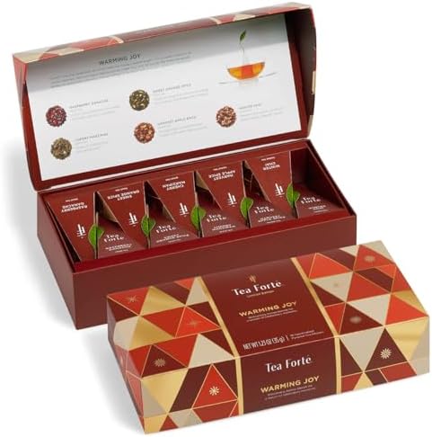 Tea Forte Warming Joy Gift Set, Holiday Spice Tea Sampler with 10 Pyramid Tea Infusers in Petite Presentation Gift Box, Organic Tea Bags Variety Pack