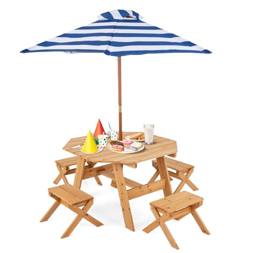Costzon Kids Picnic Table, Fir Wood Octagon Kids Table and Chair Set with Removable Umbrella, Toddler Activity Table for Backyard, Garden, Patio, Kids Outdoor Furniture for Boys Girls (Natural)