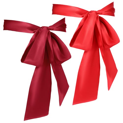 Red Bow Belt for Women, 2PCS Wedding Satin Sash Belt Self Tie Ribbon Bow Tie for Dress, Weddings, Parties, 3.74'' Wide Folding Bowties Accessory, Double-Sided Polyester (Red, Wine Red)3