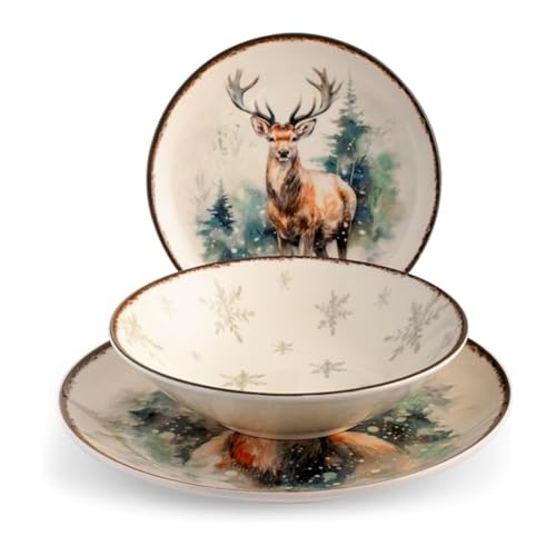 H&H Servizio Tavola 18 Pezzi Alaska – Set Piatti Natalizi in Stoneware con Decoro Cervi e Fiocchi di Neve, Lavabile in Lavastoviglie, Microonde, Piatti Piani, Fondi e Frutta – 6 Posti