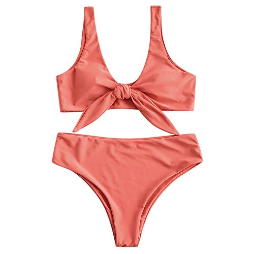 ZAFUL Womens Solid Color Strap Padded Front Knot Bikini Set (M, Sunrise Orange)