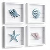 Tide and Tales 3D Seashells & Starfish Coastal Wall Art Decor (Framed Set of 4) Beach Wall Decor for Bathroom or Coastal Bedroom - Ocean Inspired Seaside Decorations for Home or Beach House (7'x7')