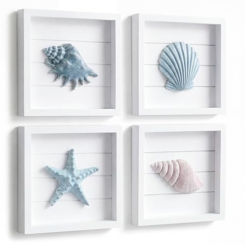 Tide and Tales 3D Seashells & Starfish Coastal Wall Art Decor (Framed Set of 4) Beach Wall Decor for Bathroom or Coastal Bedroom - Ocean Inspired Seaside Decorations for Home or Beach House (7'x7')