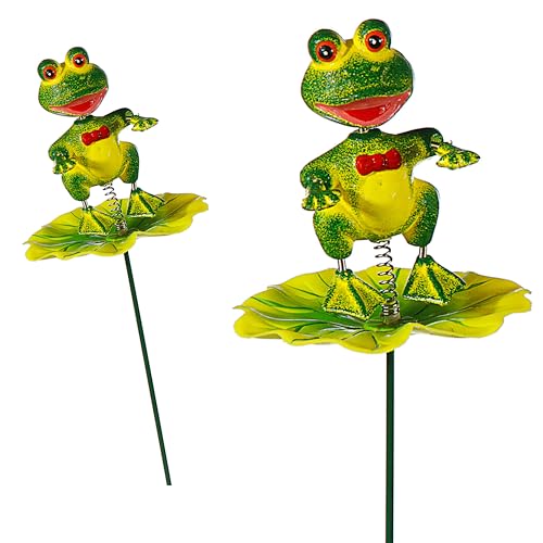 4er Set Blumenstecker Tiere auf Blatt | H60cm Eisen Polystyrol bunt | Biene Frosch Raupe Marienkäfer beweglich | Gartendeko (4)