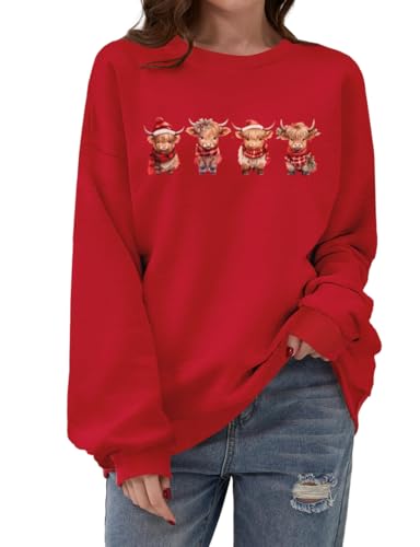 Women Highland Cow Sweatshirt Cute Cowgirl Gift Christmas Farm Sweatshirt Ribbon Long Sleeve Shirts