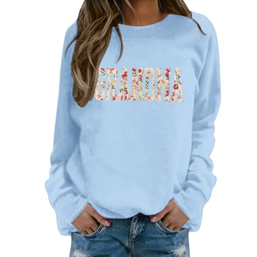 Image of Women's Embroidered Floral Sweatshirt with Crewneck, Casual Pullover Top for Grandmothers, Soft Cozy Long Sleeve Blouse (Light Blue, L)