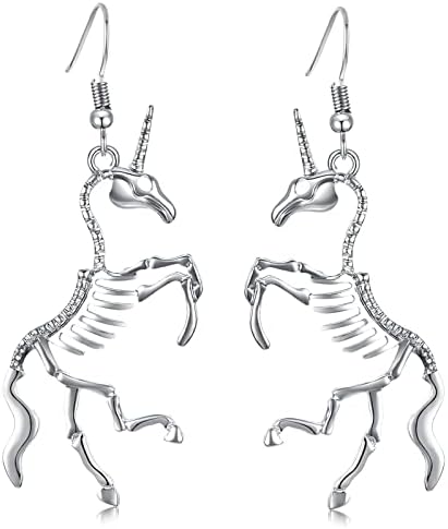 Gothic Unicorn Skeleton Dangle Earrings - Halloween Punk Style Drop Earrings for Woman - Hollow Out Skull Jewelry Gift for Halloween or Casual Wear