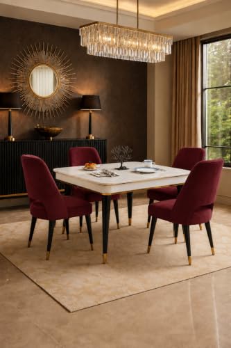 Image of WOODEN SPACE 4 Seater Wooden Dining Table Set | Urban Marble Top Dining Table with Chairs for Dining Room & Kitchen (Modern Vintage Maroon) (42 x 42 x 30 inch)