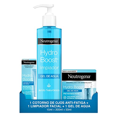 Neutrogena Rutina Facial Hidratante Hydro Boost, para Pieles Normales y Mixtas, Limpiador Facial, Gel de Agua y Contorno de Ojos Anti-Fatiga, Multicolor, Pack de 3 unidades